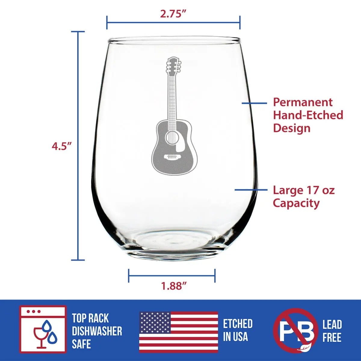 Etched Stemless Wine Glass | 17 oz | Dishwasher Safe | Acoustic Guitar