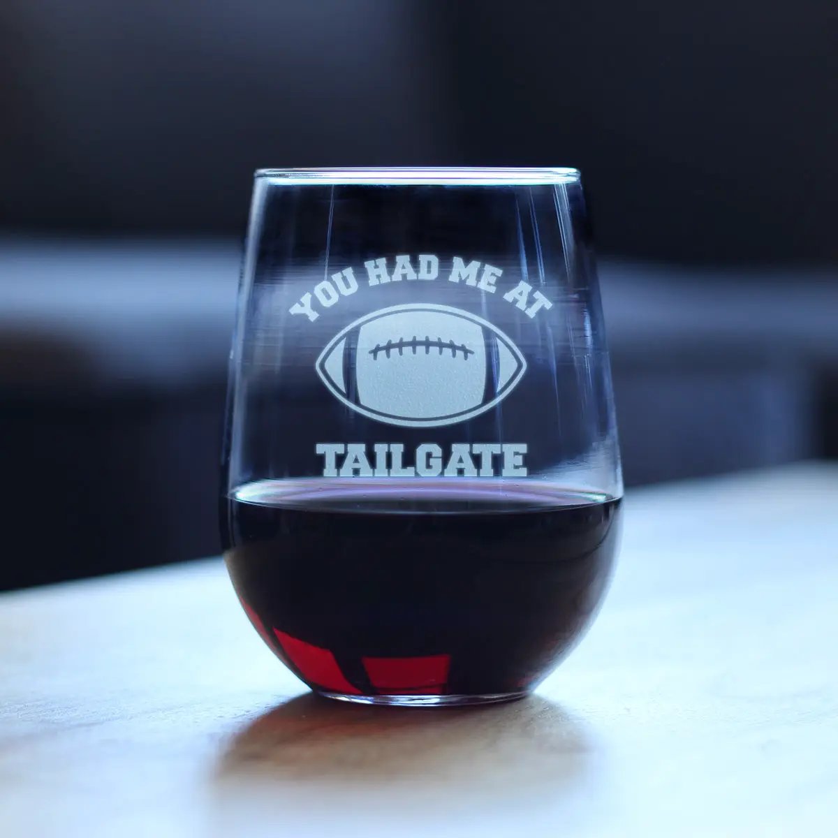 Stemless Wine Glass | 17 Oz Capacity | Hand Etched | Football Design