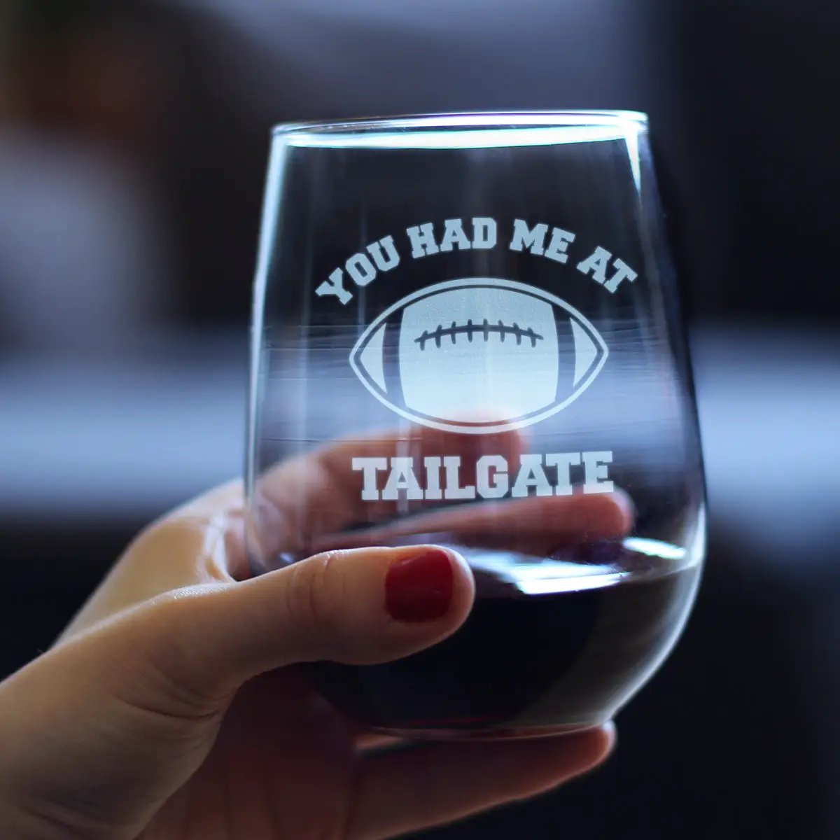 Stemless Wine Glass | 17 Oz Capacity | Hand Etched | Football Design
