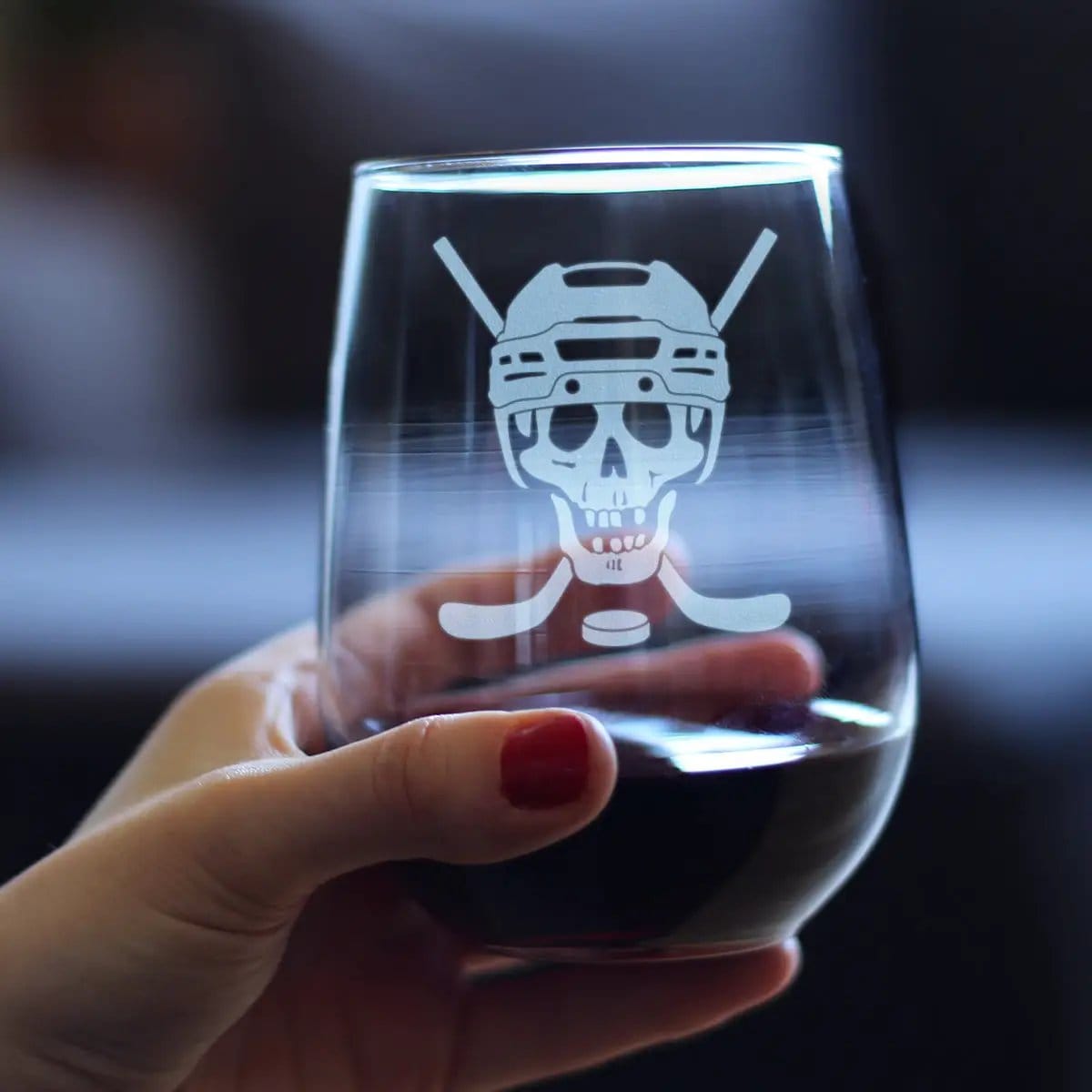Etched Stemless Wine Glass | 17 oz | Dishwasher Safe | Hockey Skull Engraved