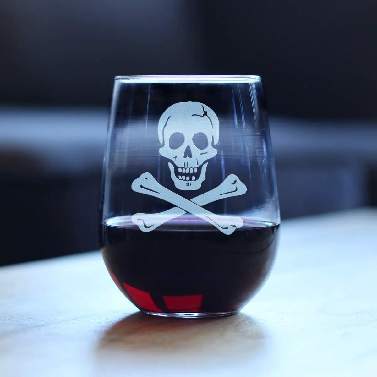 Etched Stemless Wine Glass | 17 oz | Dishwasher Safe | Skull and Crossbones