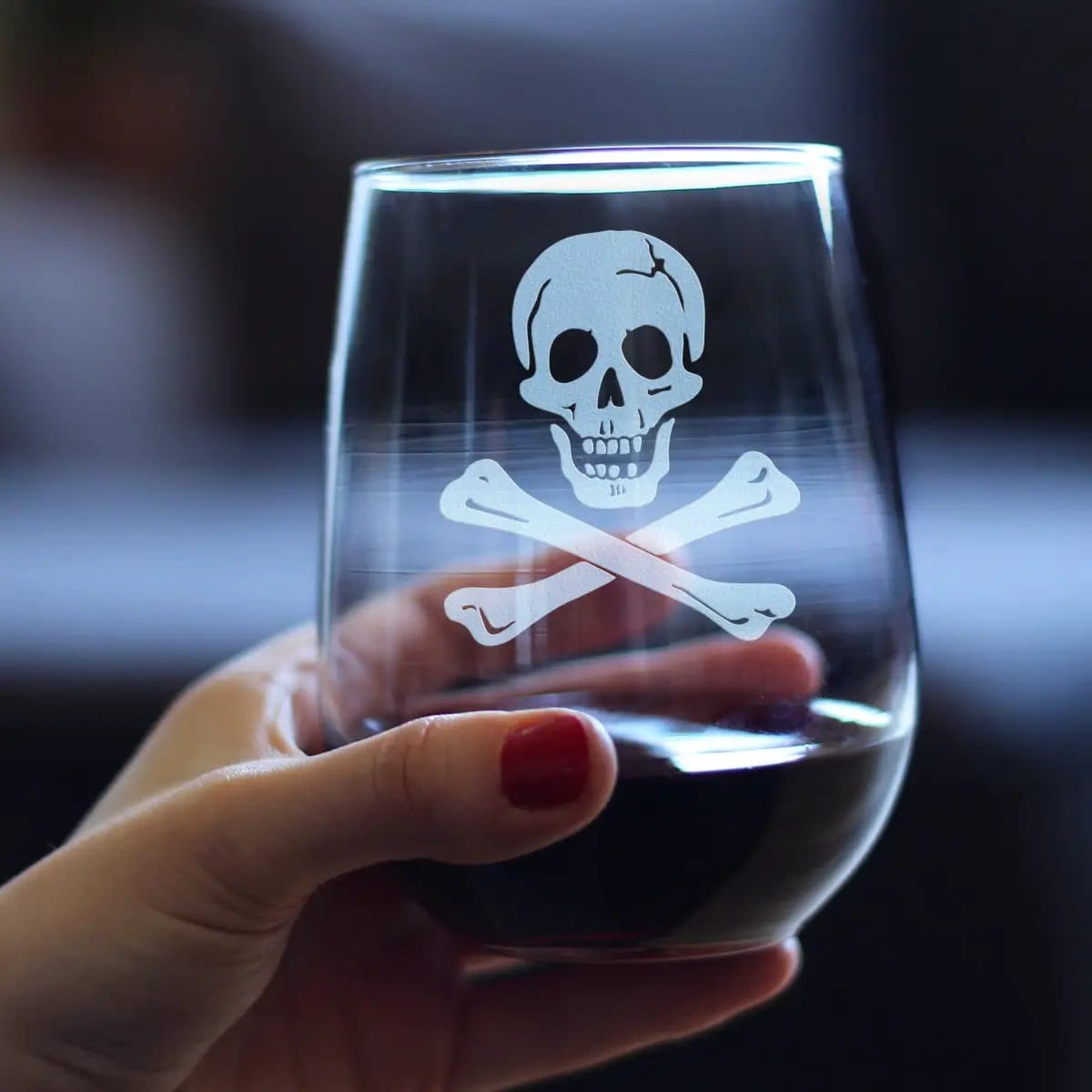Etched Stemless Wine Glass | 17 oz | Dishwasher Safe | Skull and Crossbones