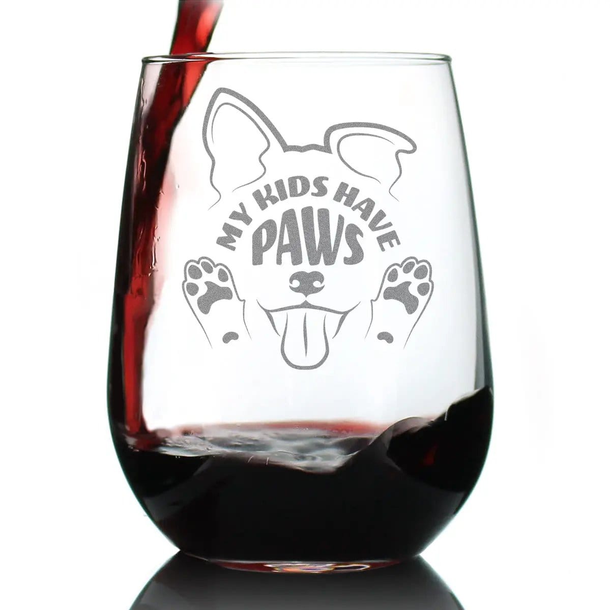 Etched Stemless Wine Glass | 17 oz | Dishwasher Safe | Kids Have Paws Dog Engraved