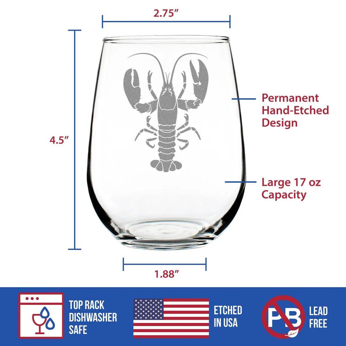 Etched Stemless Wine Glass | 17 oz | Dishwasher Safe | Lobster Engraved