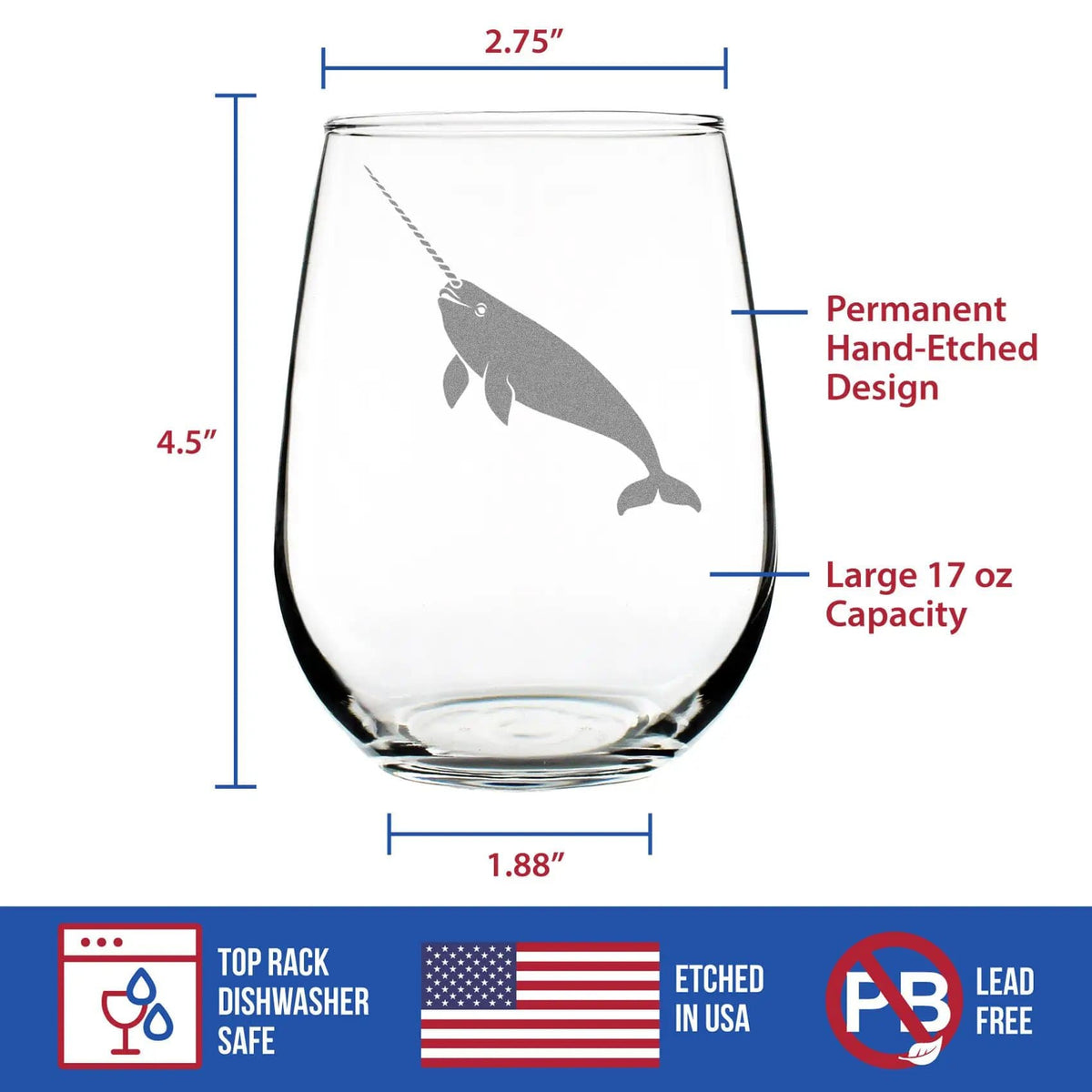 Etched Stemless Wine Glass | 17 oz | Dishwasher Safe | Narwhal Engraved