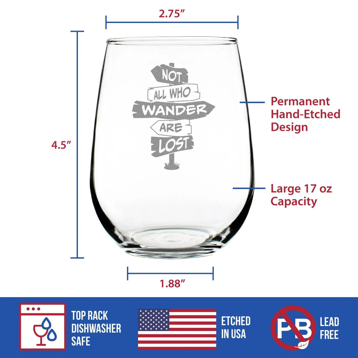 Etched Stemless Wine Glass | 17 oz | Dishwasher Safe | Not All Who Wander Are Lost