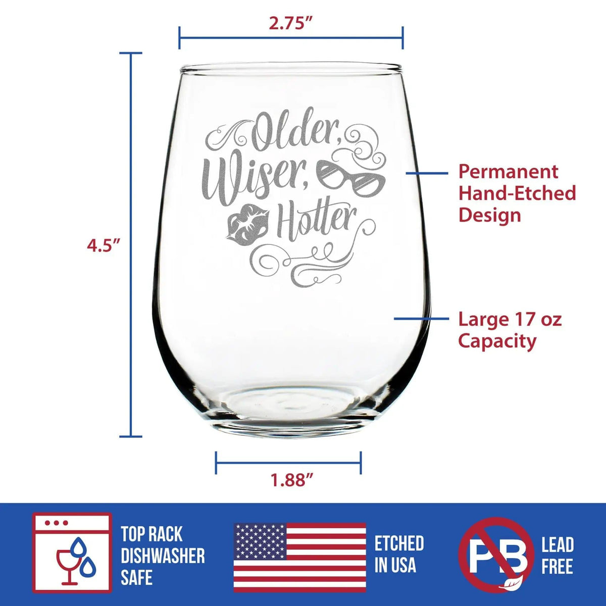 Etched Stemless Wine Glass | 17 oz | Dishwasher Safe | Older Wiser Hotter Engraved