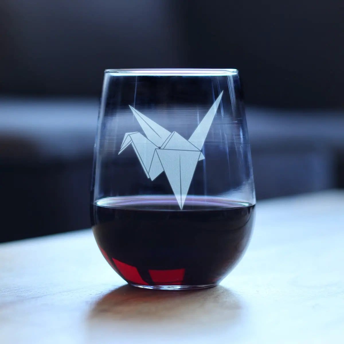 Etched Stemless Wine Glass | 17 oz | Dishwasher Safe | Paper Crane Engraved