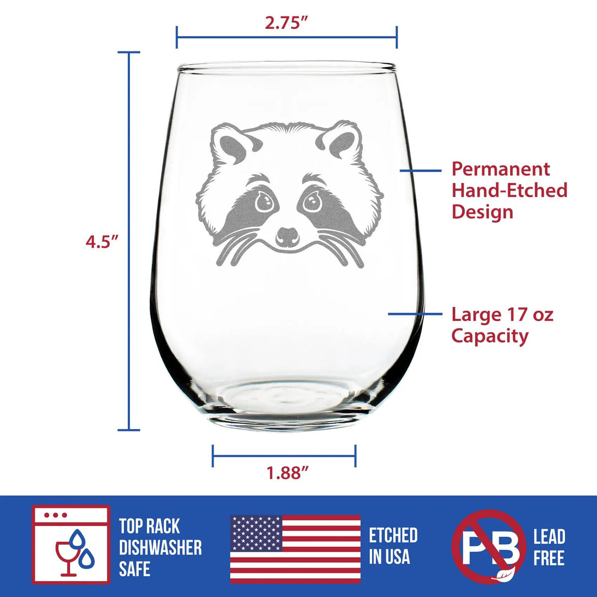 Stemless Wine Glass | 17 Oz | Hand Etched | Raccoon Pattern