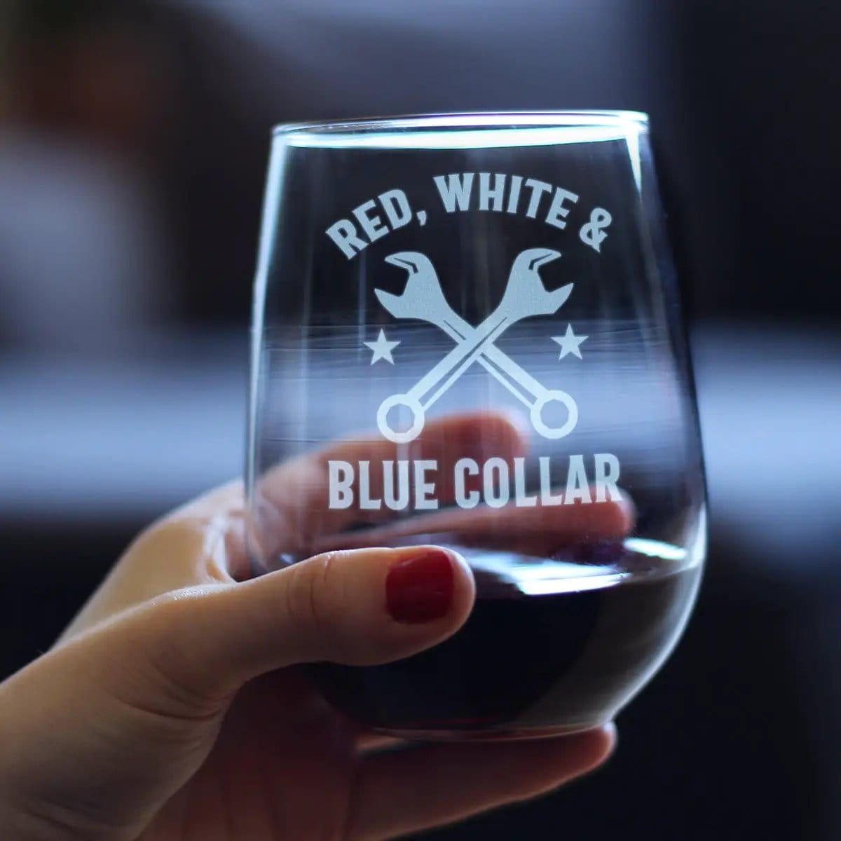 Etched Stemless Wine Glass | 17 oz | Dishwasher Safe | Red White & Blue Collar Engraved