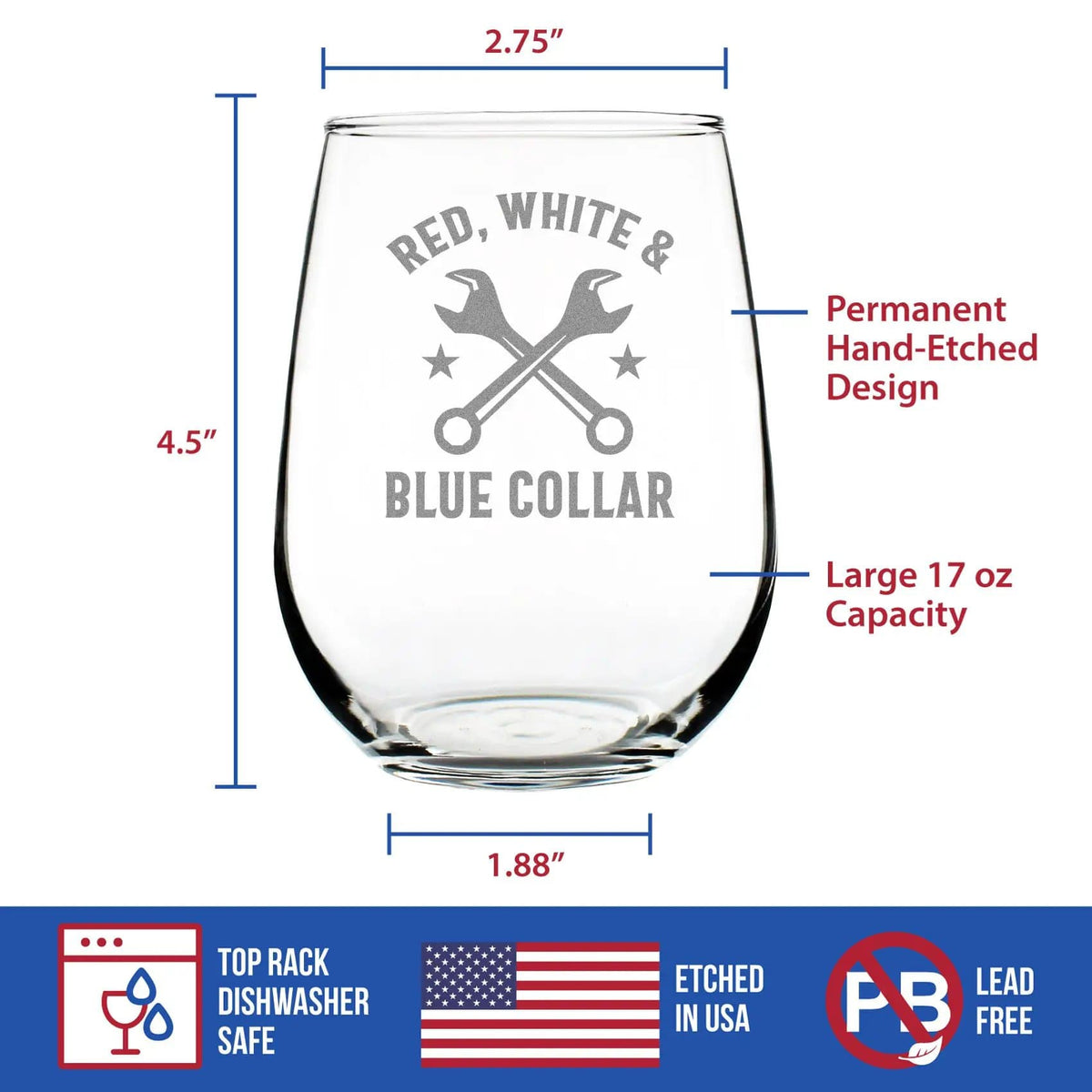 Etched Stemless Wine Glass | 17 oz | Dishwasher Safe | Red White & Blue Collar Engraved