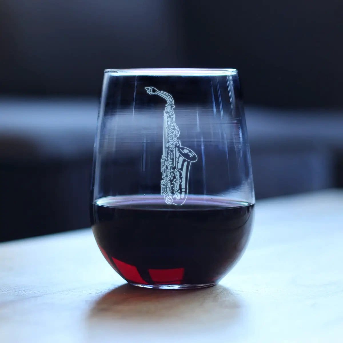 Etched Stemless Wine Glass | 17 oz | Dishwasher Safe | Saxophone Engraved