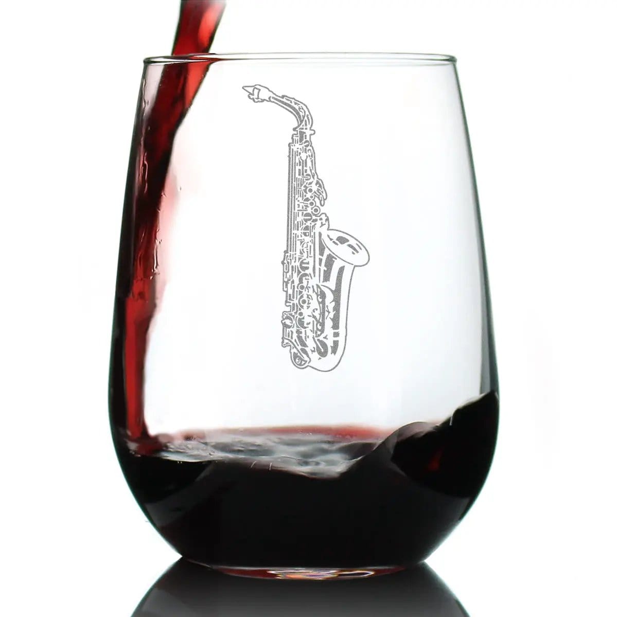Etched Stemless Wine Glass | 17 oz | Dishwasher Safe | Saxophone Engraved