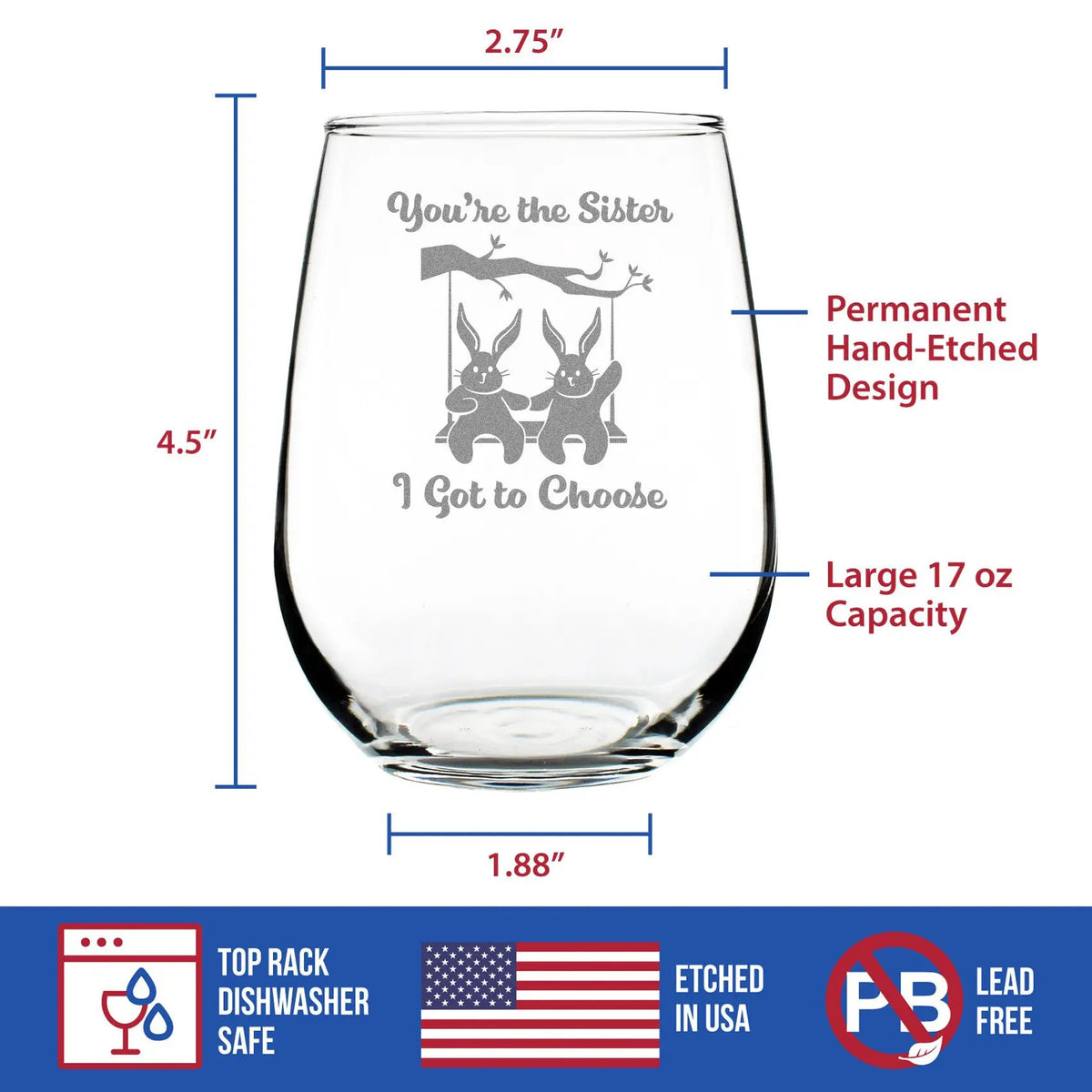 Stemless Wine Glass | 17 Oz Capacity | Hand Etched Design | Large
