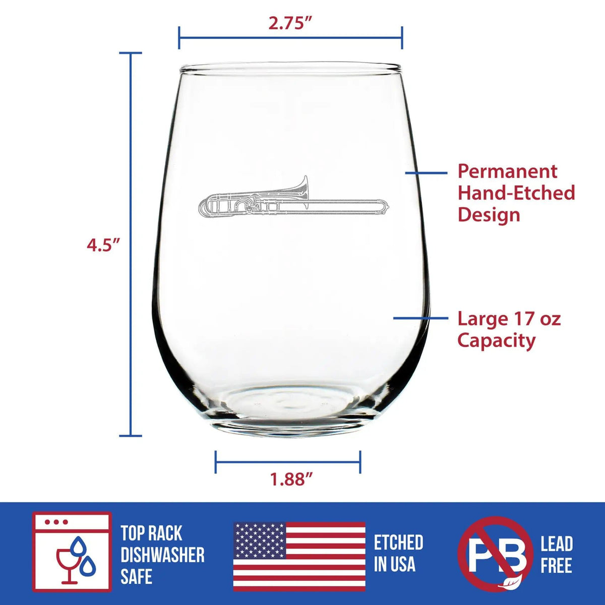 Etched Stemless Wine Glass | 17 oz | Dishwasher Safe | Trombone Engraved
