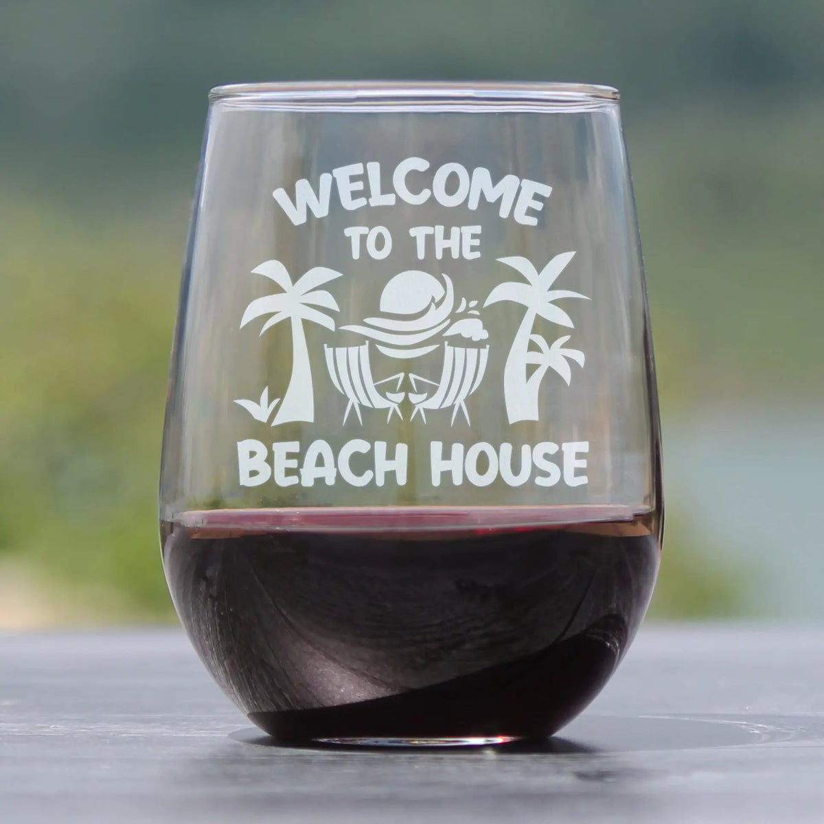 Stemless Wine Glass | 17 Oz Capacity | Hand Etched Quote | Beach House Theme
