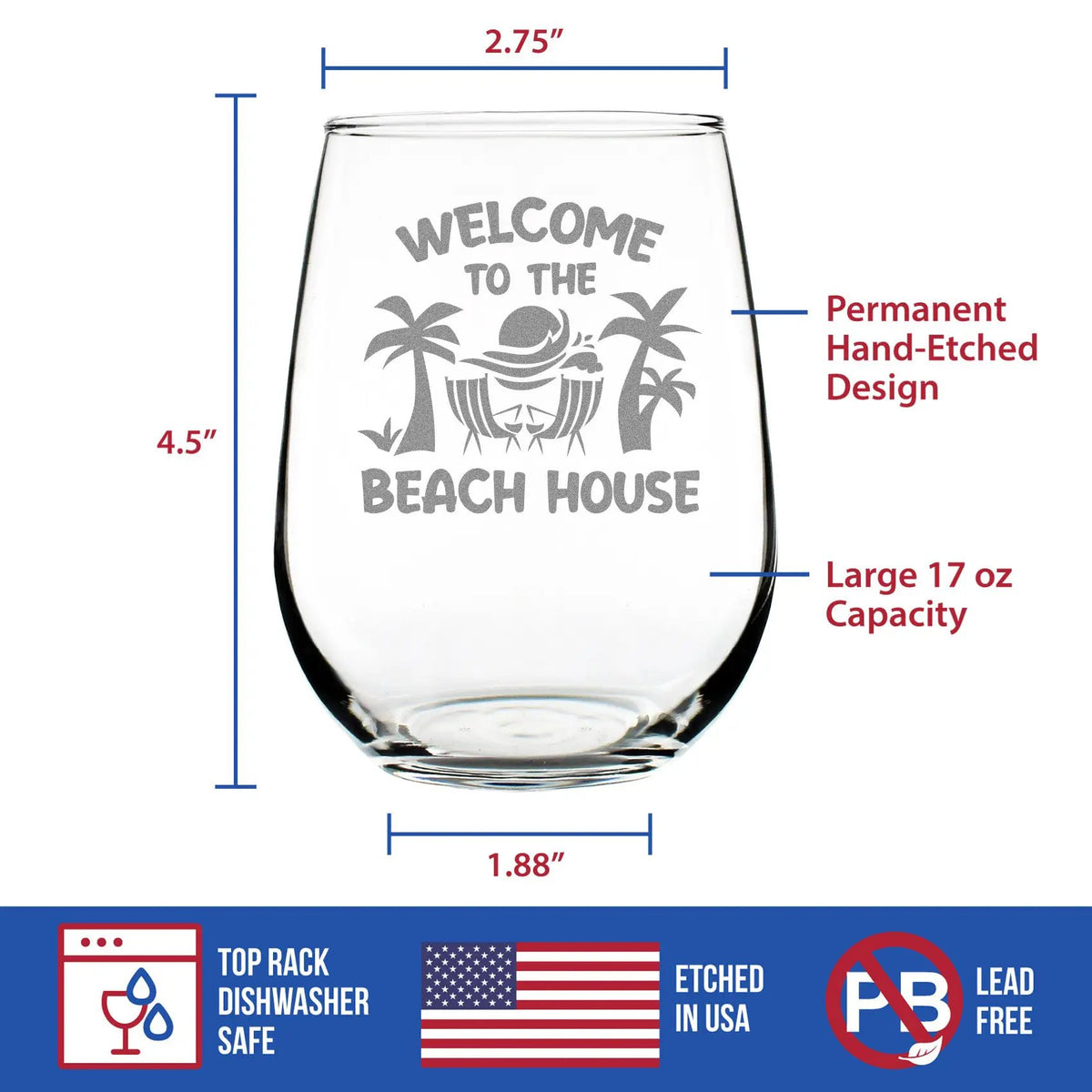 Stemless Wine Glass | 17 Oz Capacity | Hand Etched Quote | Beach House Theme