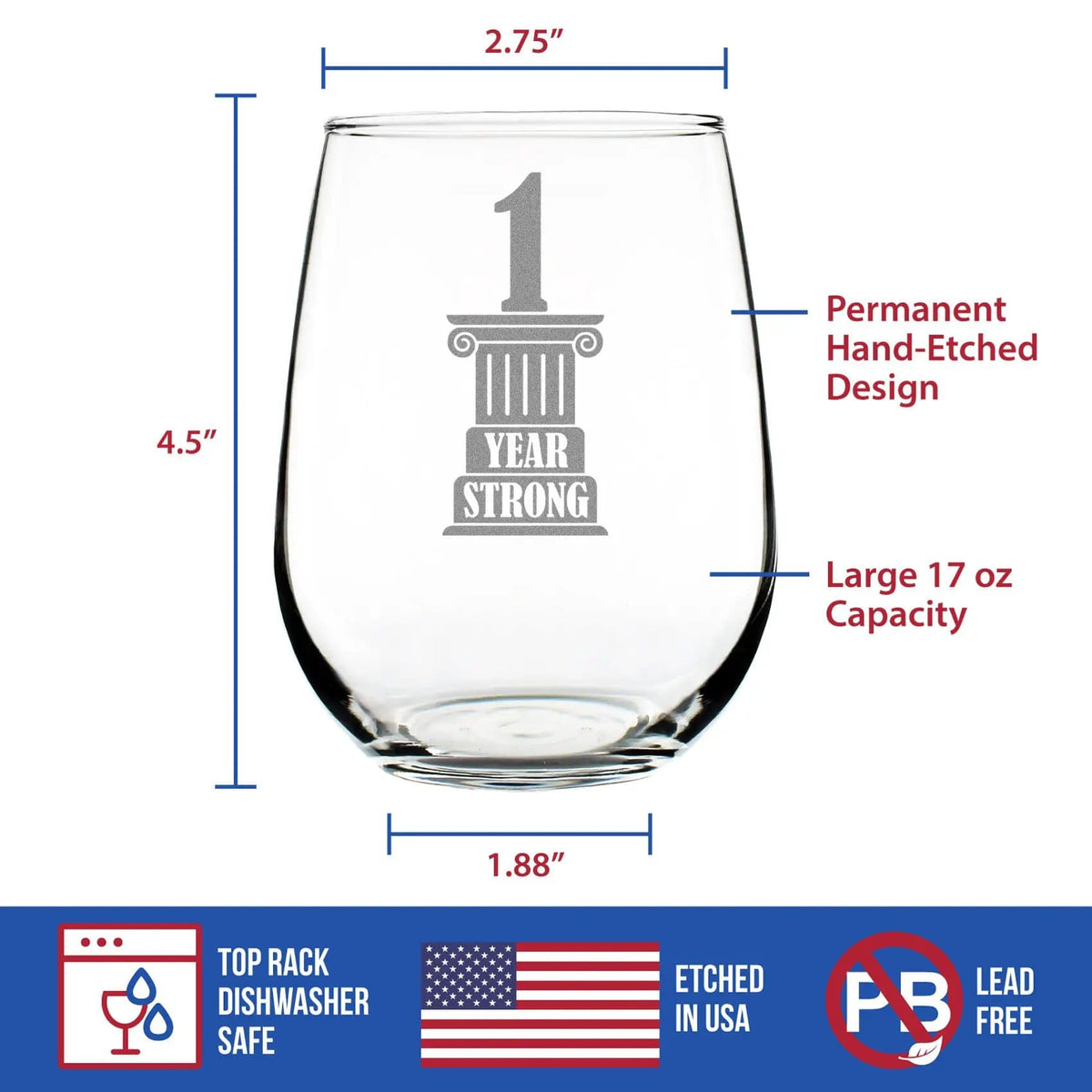 Etched Stemless Wine Glass | 17 oz | Dishwasher Safe | 1 Year Strong Engraved