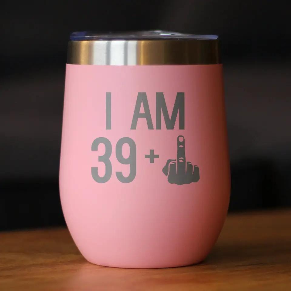 Insulated Stemless Wine Tumbler | 12 oz Stainless Steel | Sliding Lid | 39 + 1 Middle Finger