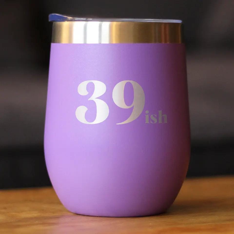 Insulated Stemless Wine Tumbler | 12 oz Stainless Steel | Sliding Lid | 39ish - Funny 40th Birthday