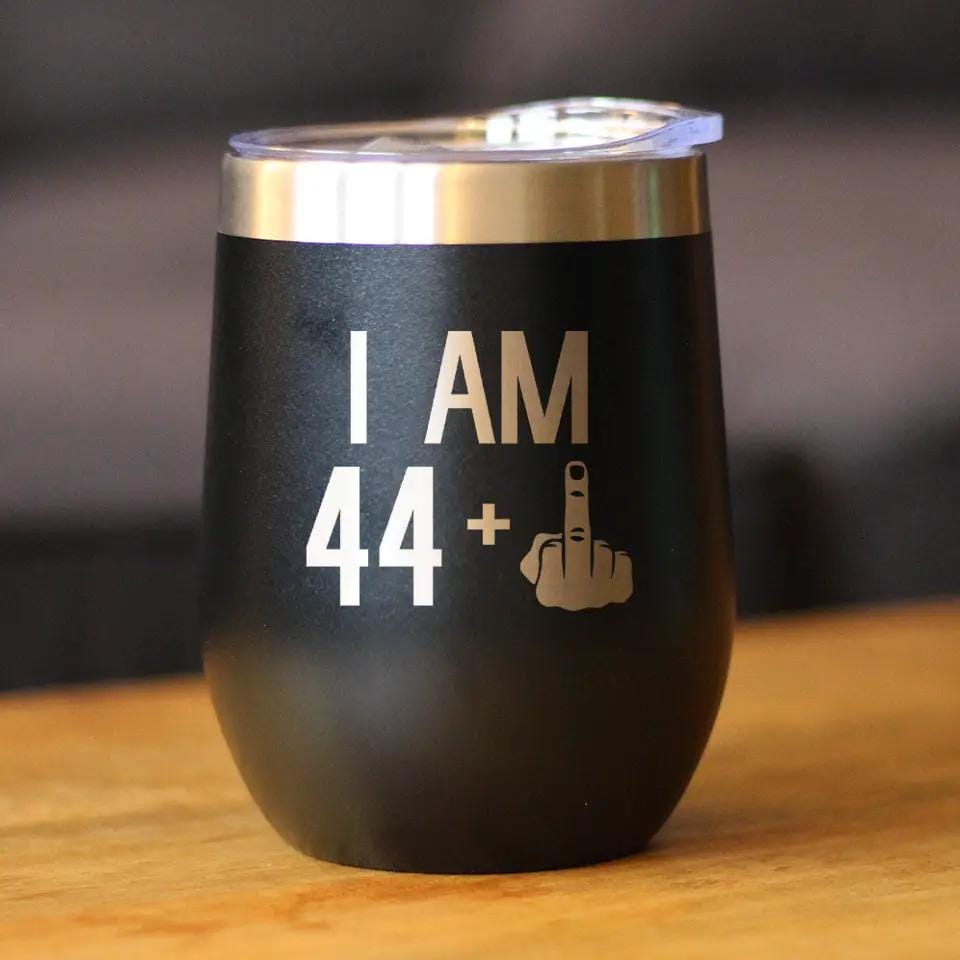 Insulated Stemless Wine Tumbler | 12 oz Stainless Steel | Sliding Lid | 44 + 1 Middle Finger