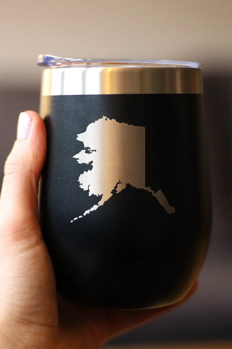 Insulated Stemless Wine Tumbler | 12 oz Stainless Steel | Sliding Lid | Alaska State Outline