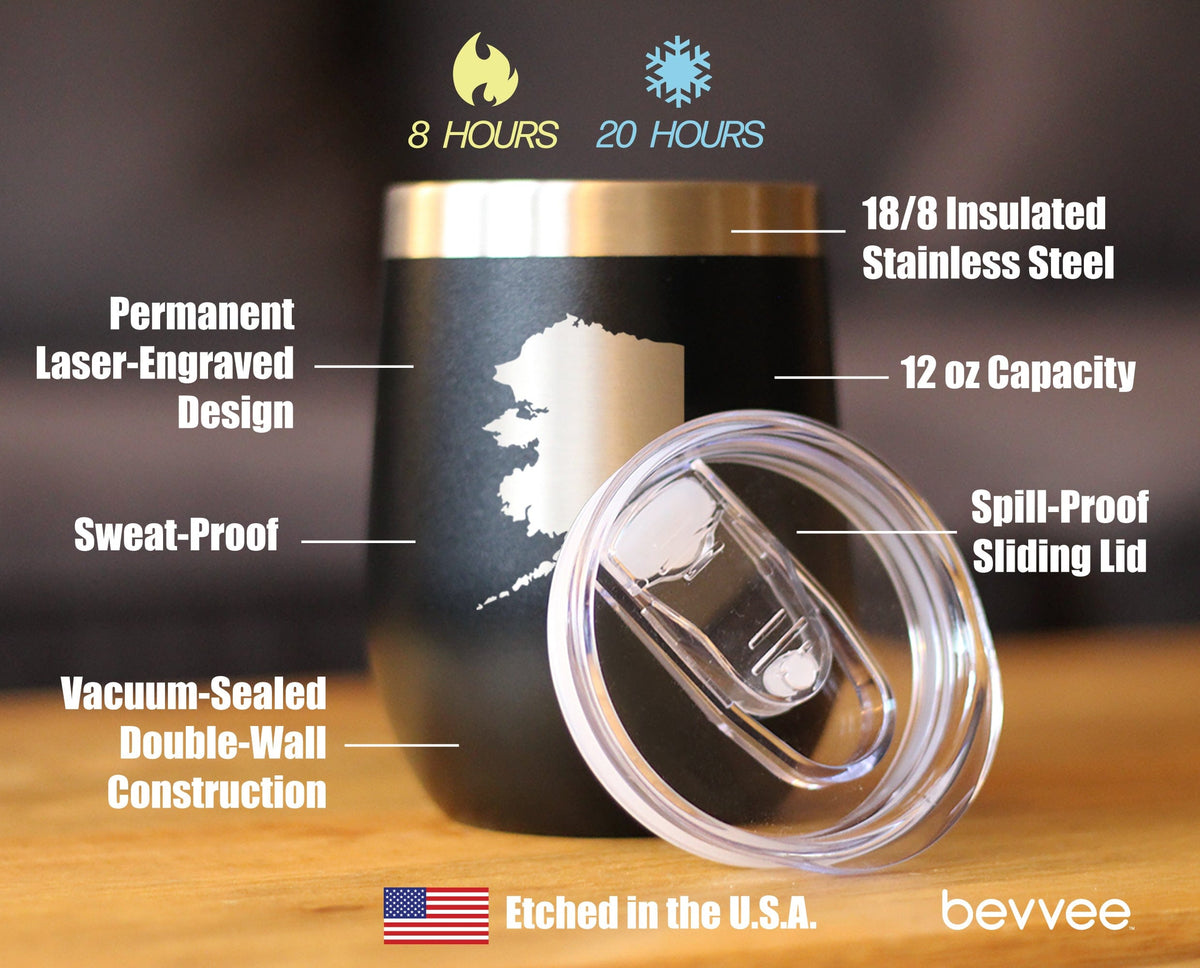 Insulated Stemless Wine Tumbler | 12 oz Stainless Steel | Sliding Lid | Alaska State Outline