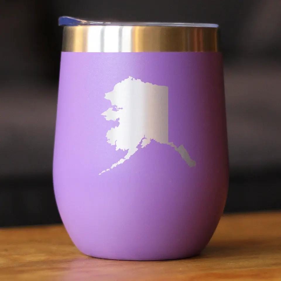 Insulated Stemless Wine Tumbler | 12 oz Stainless Steel | Sliding Lid | Alaska State Outline