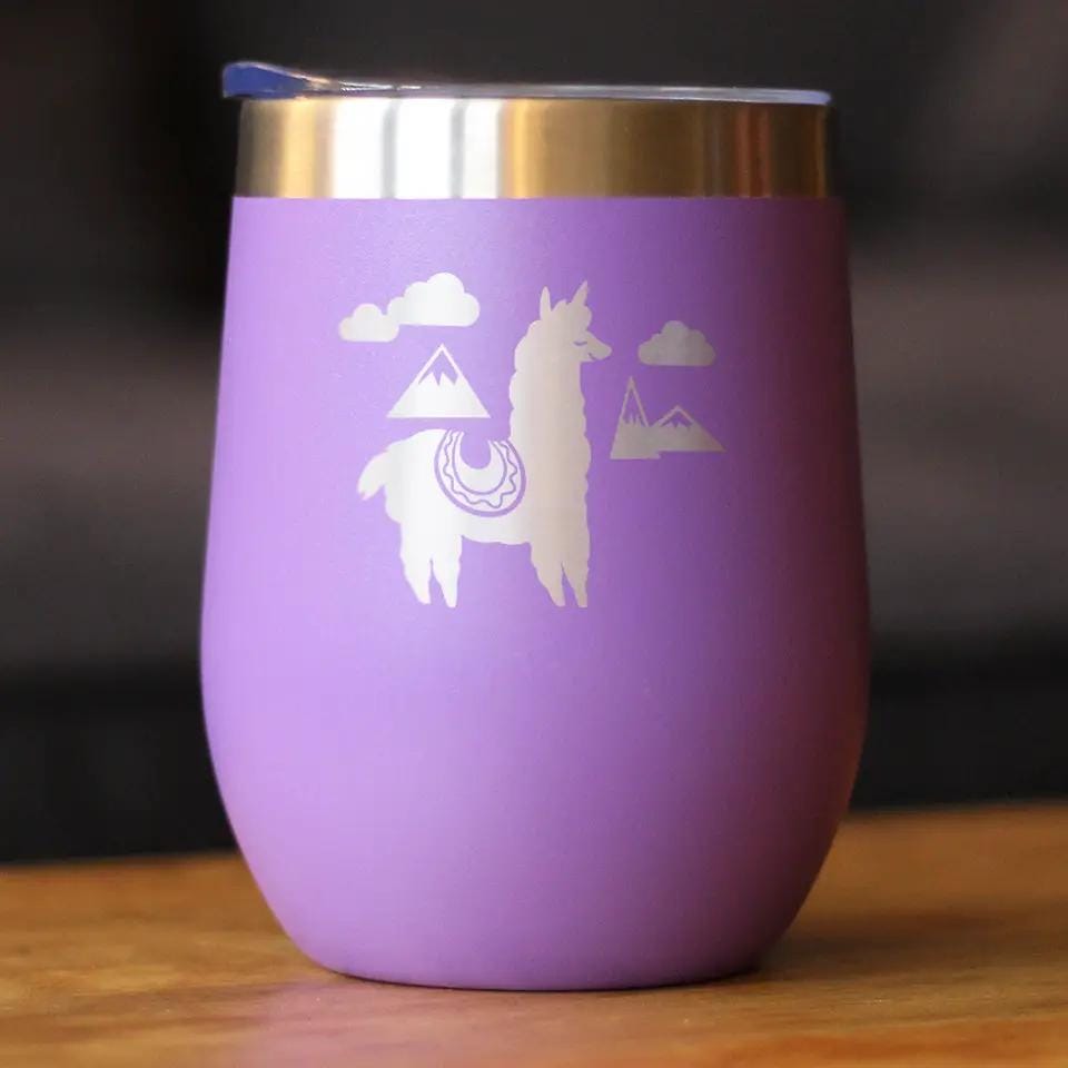 Insulated Stemless Wine Tumbler | 12 oz Stainless Steel | Sliding Lid | Alpaca