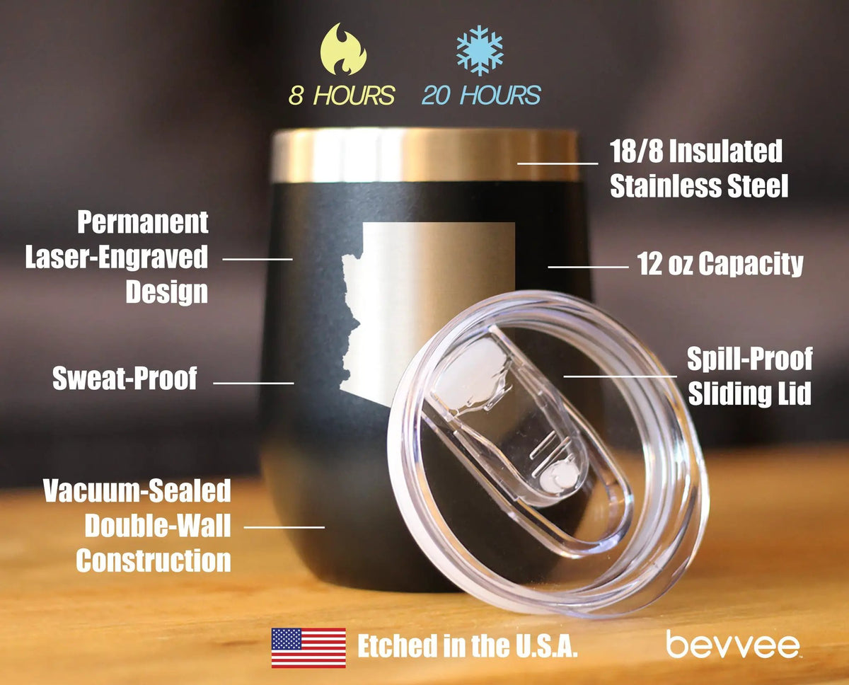 Arizona State Outline Wine Tumbler | 12 Oz | Double Wall Stainless Steel | Sliding Lid