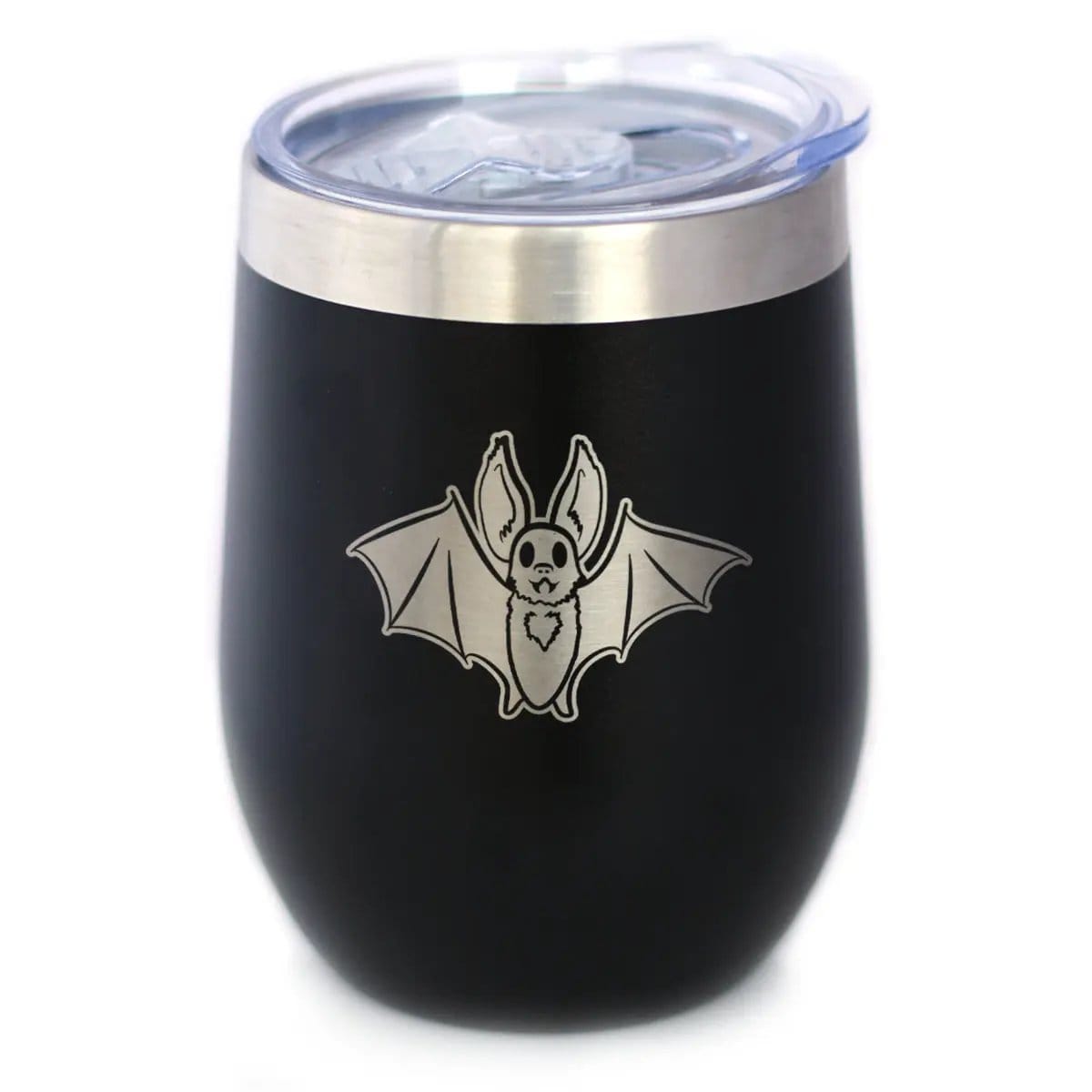 Insulated Stemless Wine Tumbler | 12 oz Stainless Steel | Sliding Lid | Bat