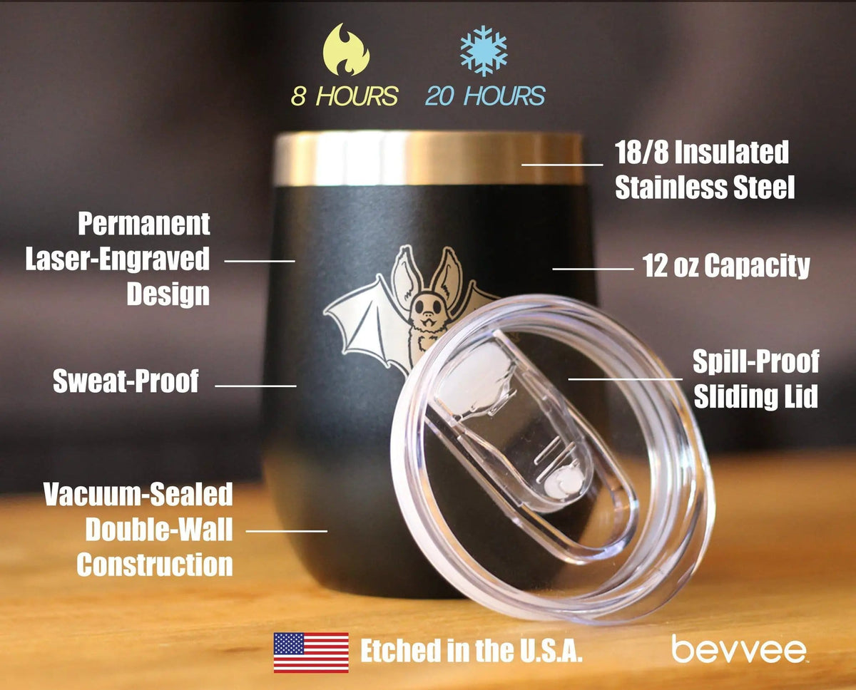 Insulated Stemless Wine Tumbler | 12 oz Stainless Steel | Sliding Lid | Bat