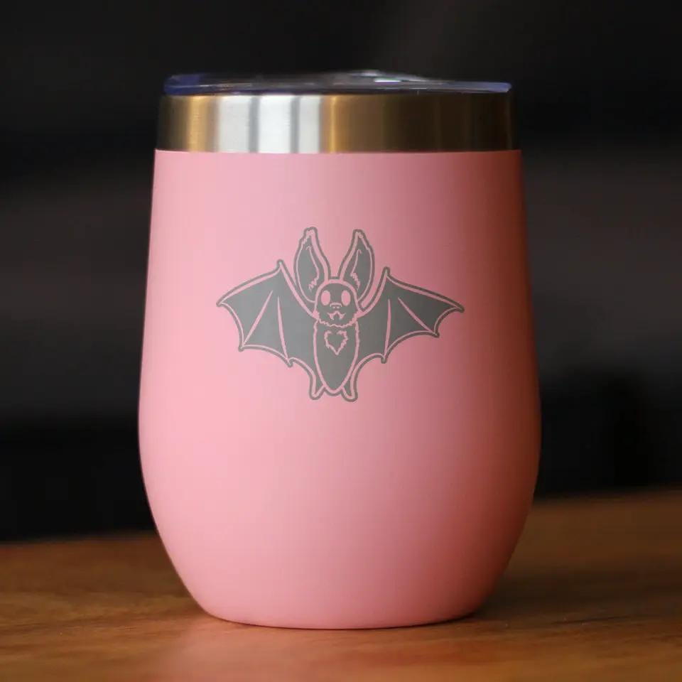 Insulated Stemless Wine Tumbler | 12 oz Stainless Steel | Sliding Lid | Bat