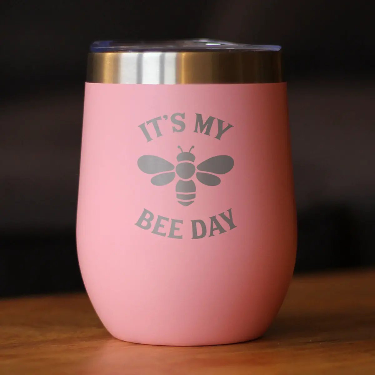 Bee Day Wine Tumbler | 12 Oz Double Wall Stainless Steel | Sliding Lid | Bumblebee Bday Party Décor