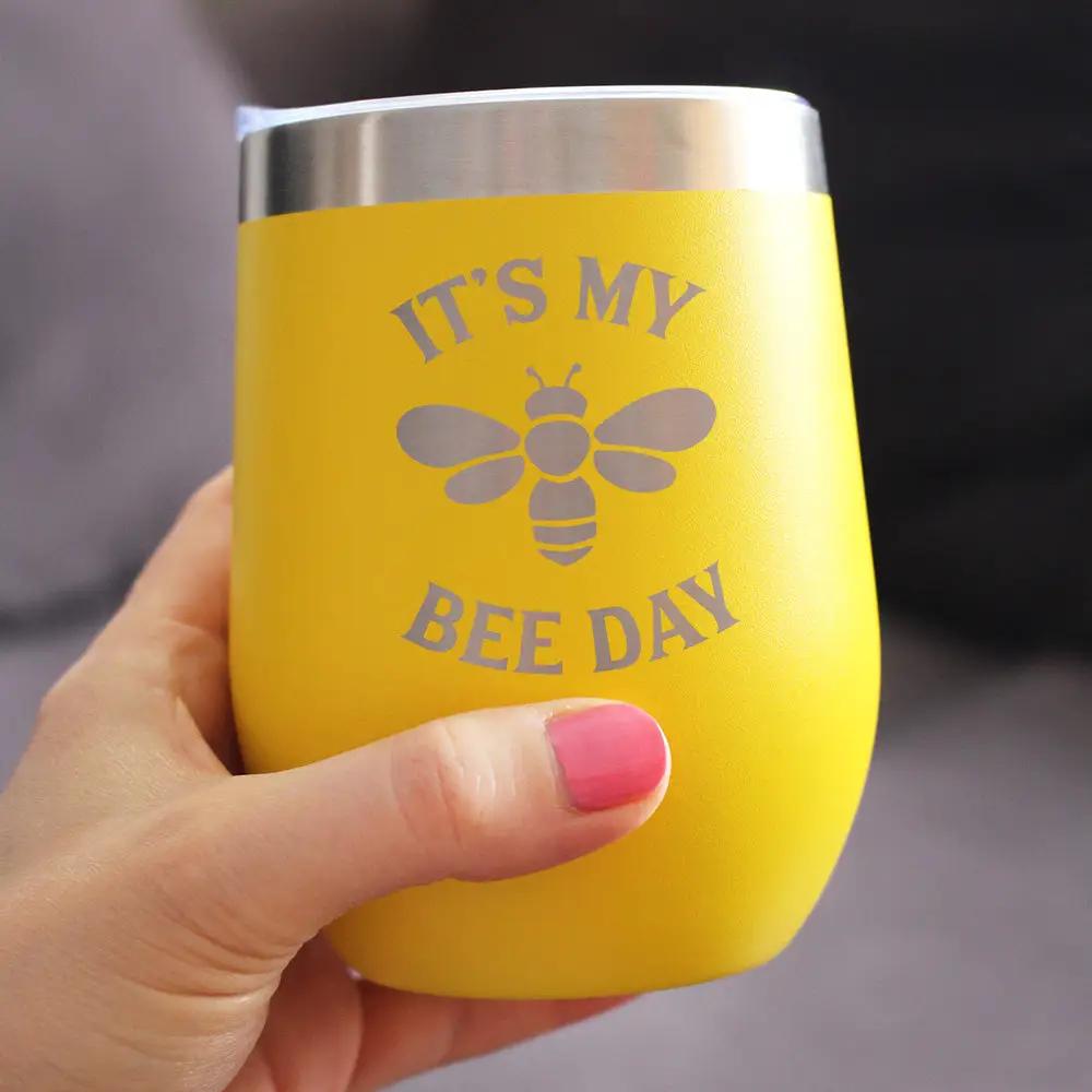 Bee Day Wine Tumbler | 12 Oz Double Wall Stainless Steel | Sliding Lid | Bumblebee Bday Party Décor