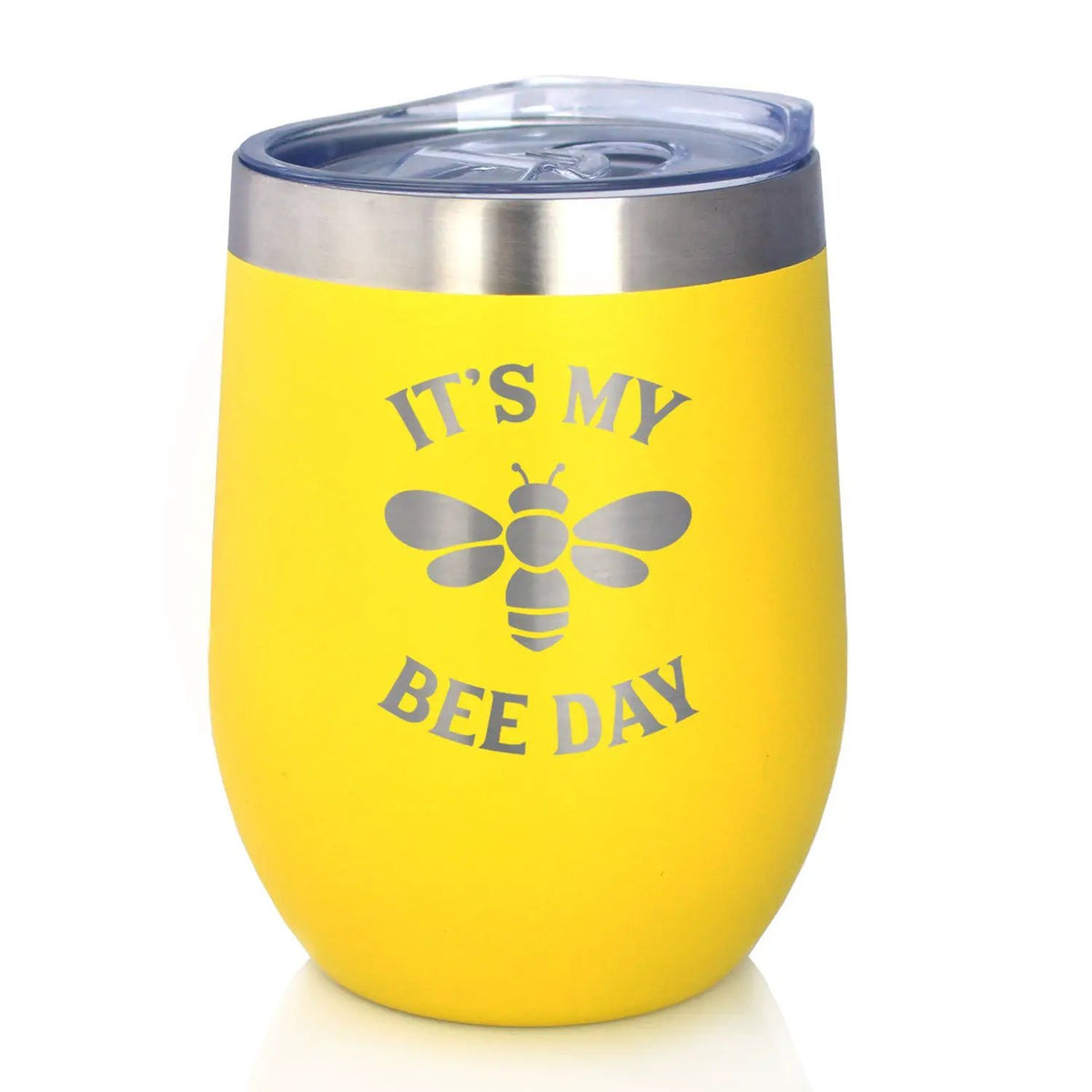 Bee Day Wine Tumbler | 12 Oz Double Wall Stainless Steel | Sliding Lid | Bumblebee Bday Party Décor