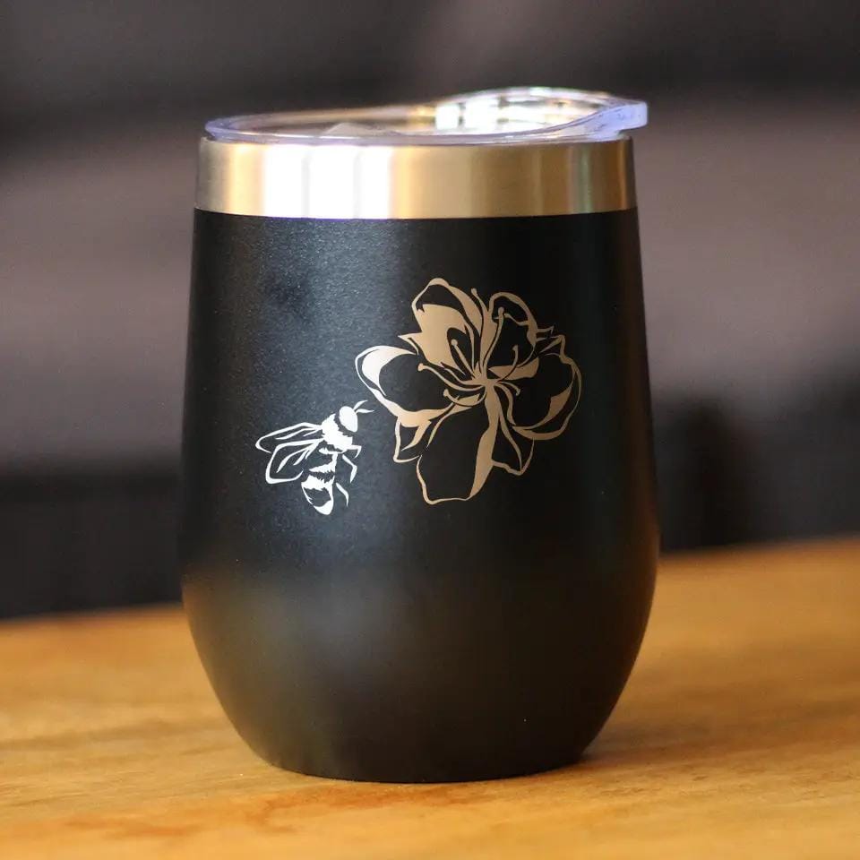 Insulated Stemless Wine Tumbler | 12 oz Stainless Steel | Sliding Lid | Bee Flower - Funny Birthday