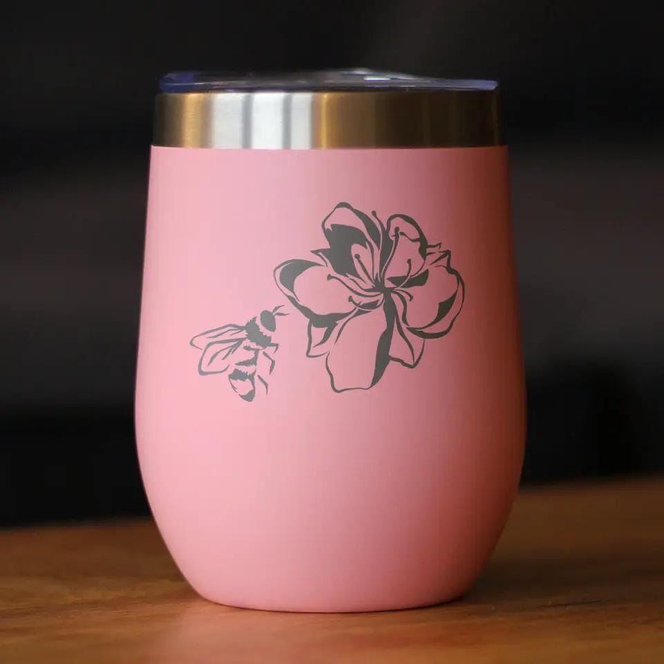 Insulated Stemless Wine Tumbler | 12 oz Stainless Steel | Sliding Lid | Bee Flower - Funny Birthday