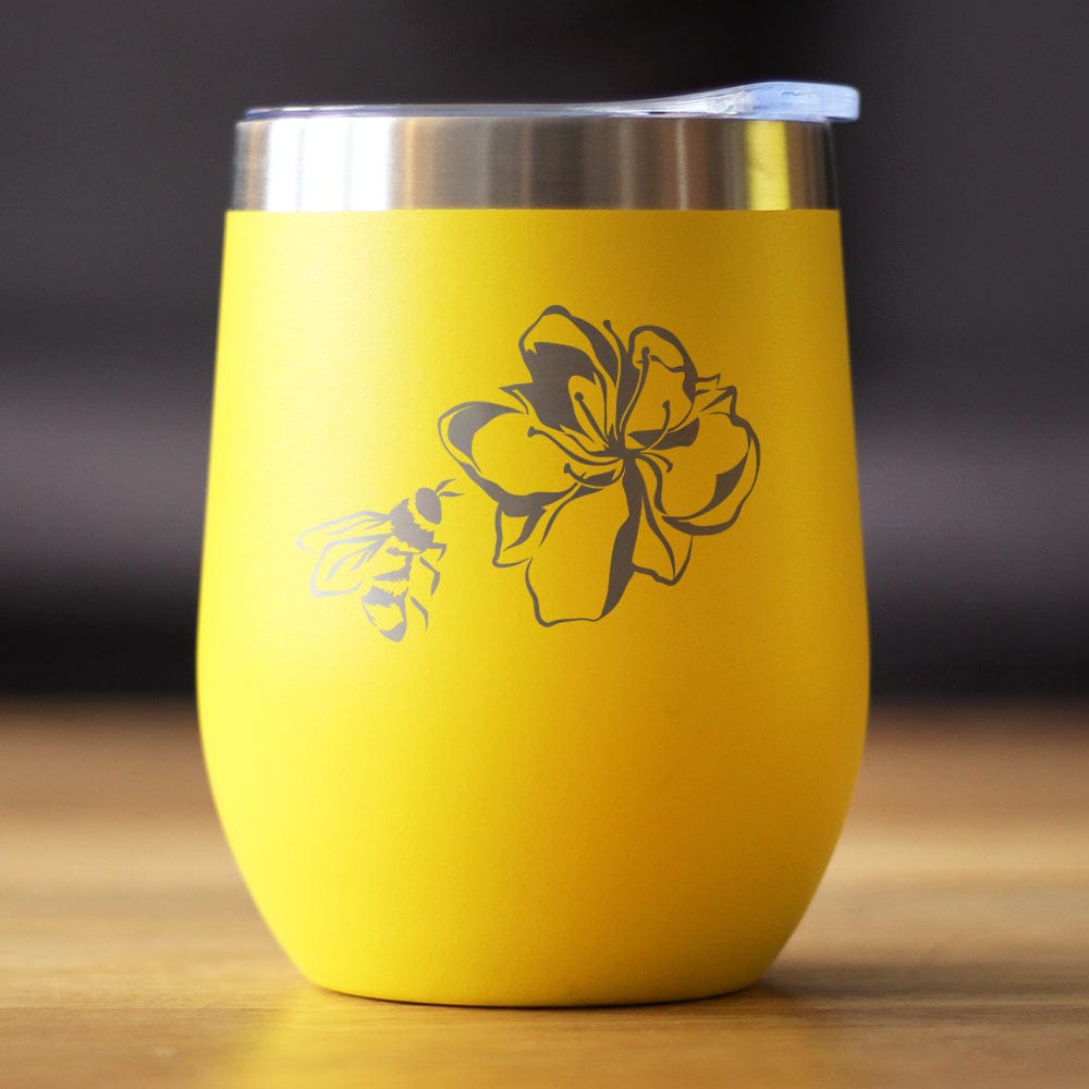 Insulated Stemless Wine Tumbler | 12 oz Stainless Steel | Sliding Lid | Bee Flower - Funny Birthday