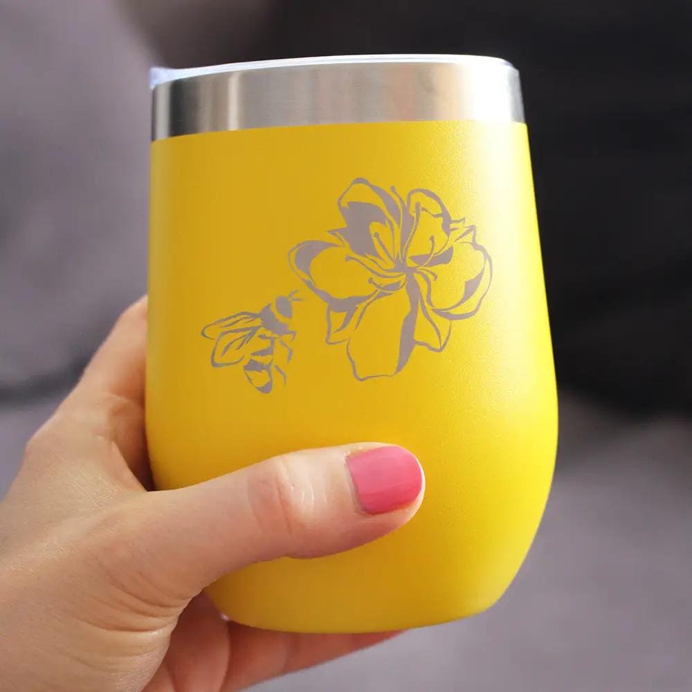 Insulated Stemless Wine Tumbler | 12 oz Stainless Steel | Sliding Lid | Bee Flower - Funny Birthday