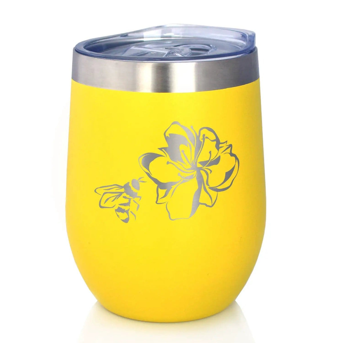 Insulated Stemless Wine Tumbler | 12 oz Stainless Steel | Sliding Lid | Bee Flower - Funny Birthday