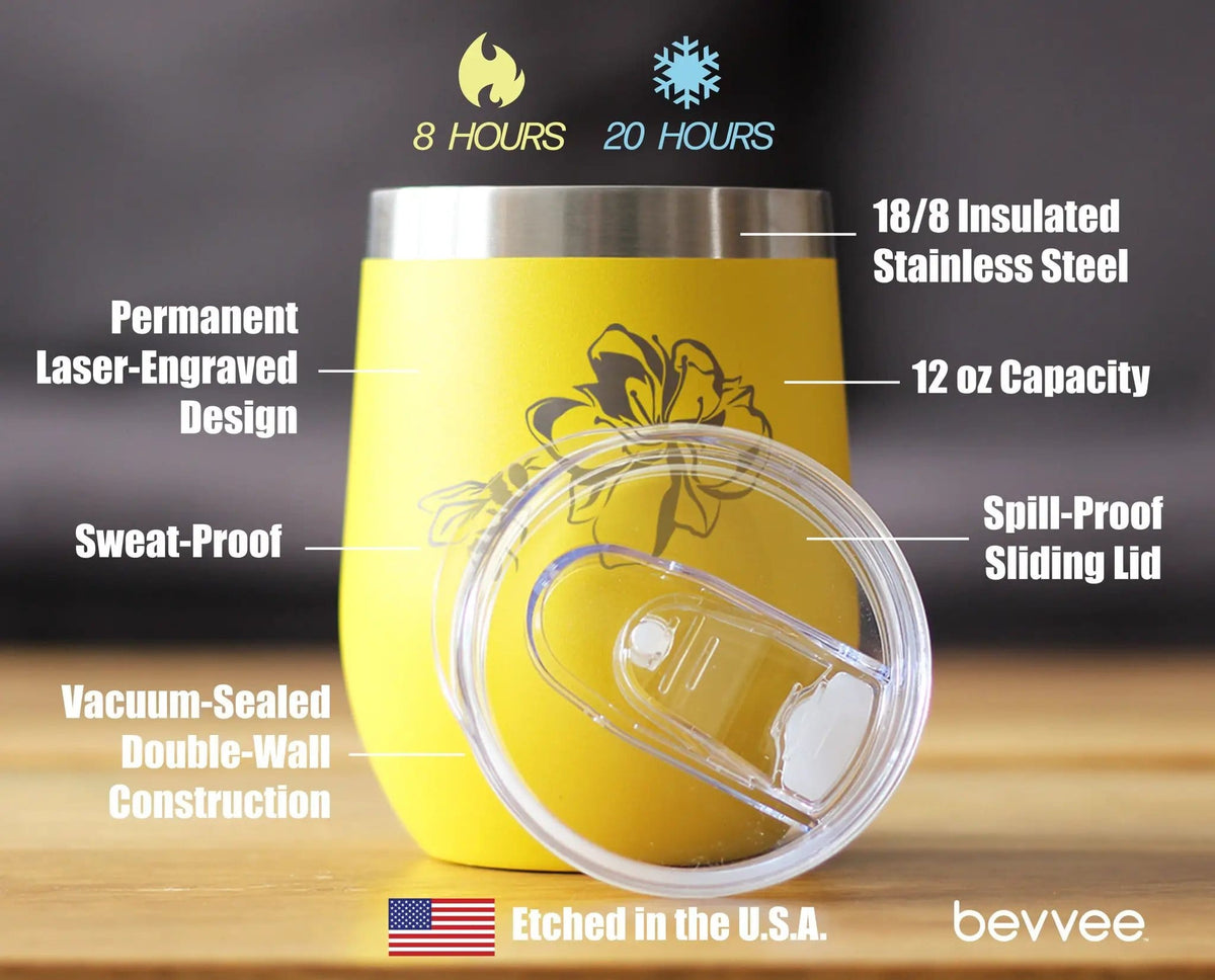 Insulated Stemless Wine Tumbler | 12 oz Stainless Steel | Sliding Lid | Bee Flower - Funny Birthday