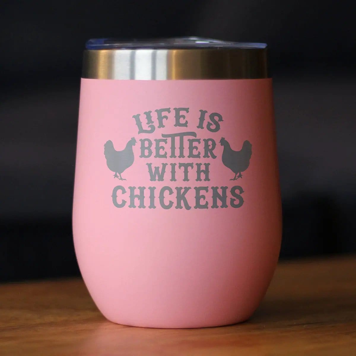 Insulated Stemless Wine Tumbler | 12 oz Stainless Steel | Sliding Lid | Life is Better with Chickens - Chicken