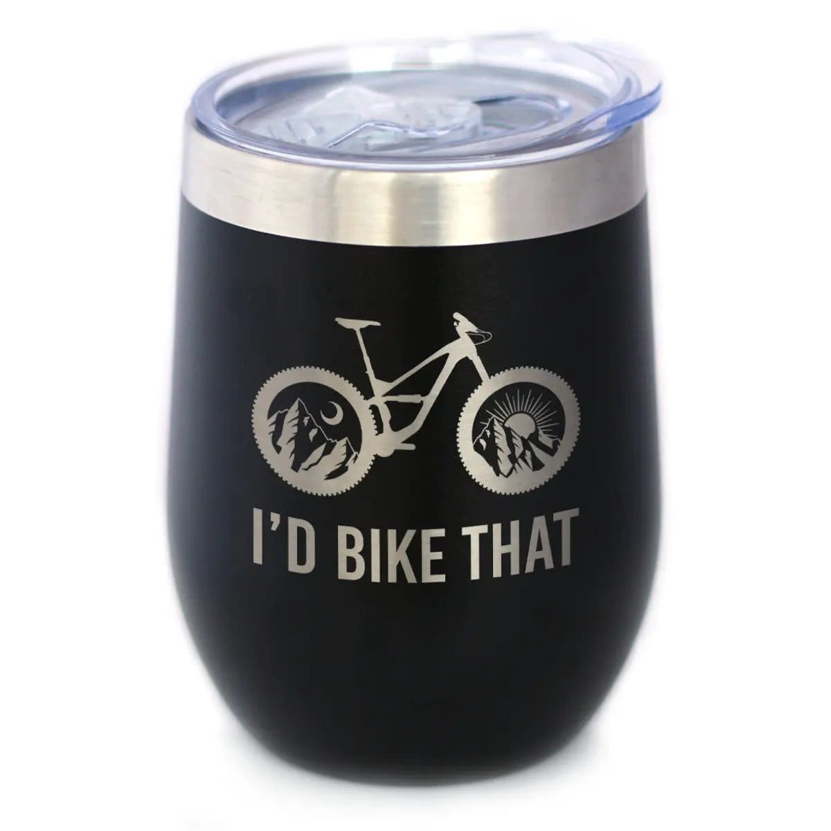 Insulated Stemless Wine Tumbler | 12 oz Stainless Steel | Sliding Lid | I'd Bike That