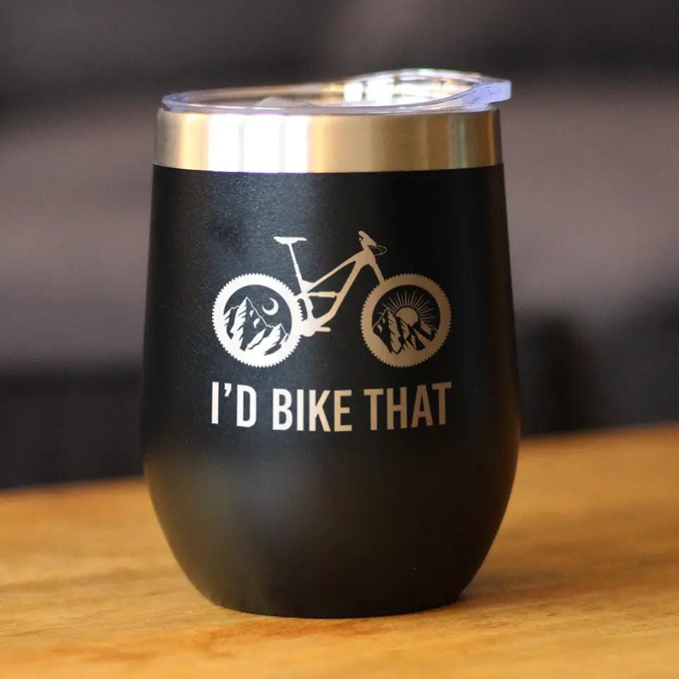 Insulated Stemless Wine Tumbler | 12 oz Stainless Steel | Sliding Lid | I'd Bike That