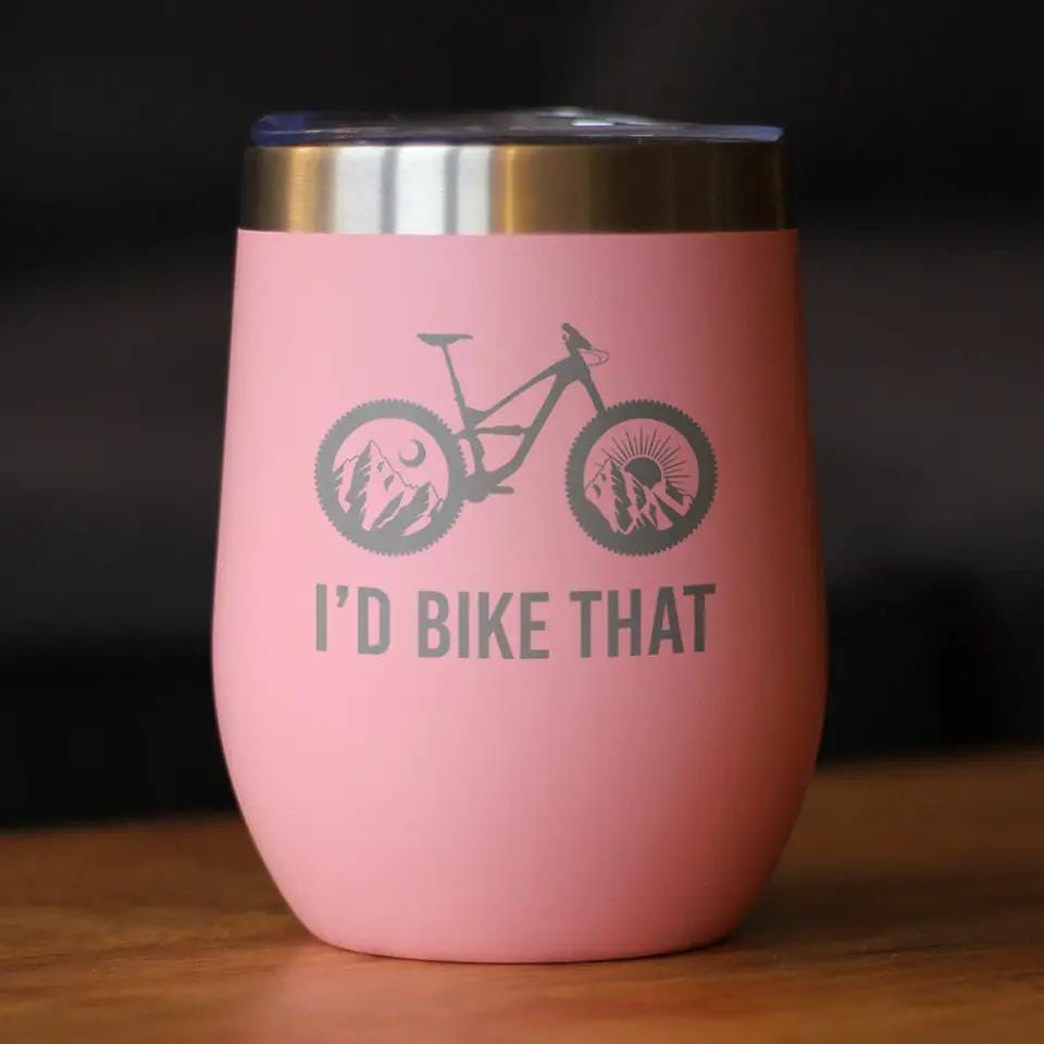 Insulated Stemless Wine Tumbler | 12 oz Stainless Steel | Sliding Lid | I'd Bike That