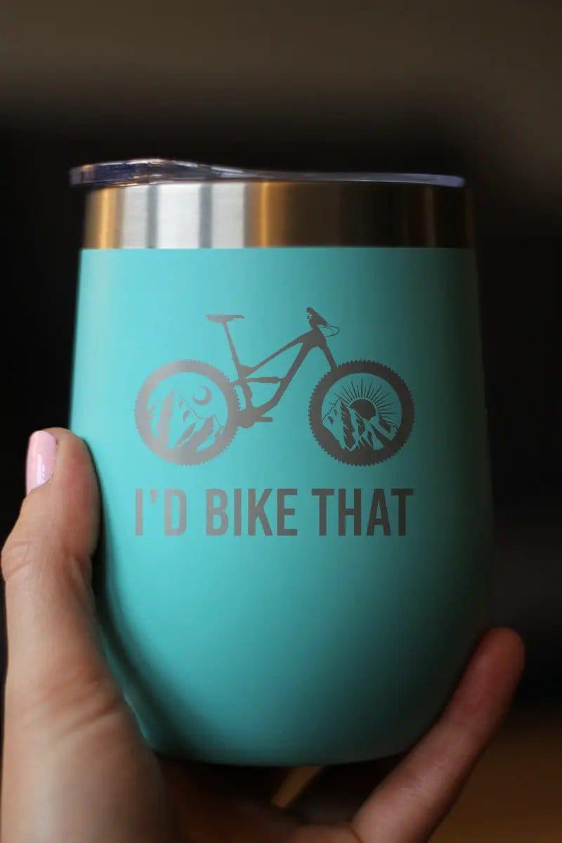 Insulated Stemless Wine Tumbler | 12 oz Stainless Steel | Sliding Lid | I'd Bike That