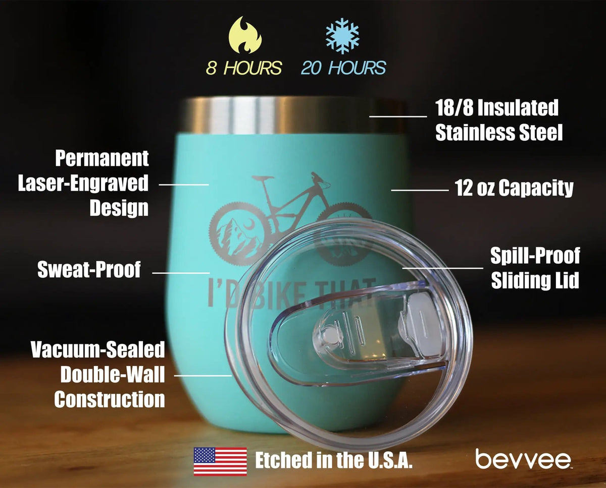 Insulated Stemless Wine Tumbler | 12 oz Stainless Steel | Sliding Lid | I'd Bike That