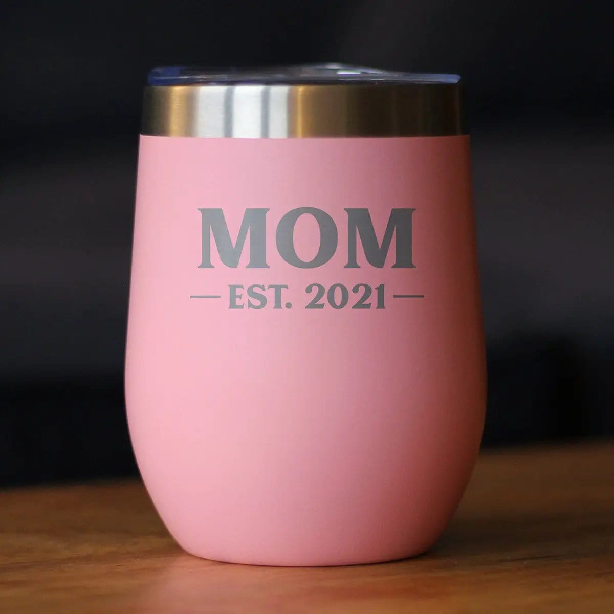 Insulated Stemless Wine Tumbler | 12 oz Stainless Steel | Sliding Lid | Mom Est. 2021 - Bold