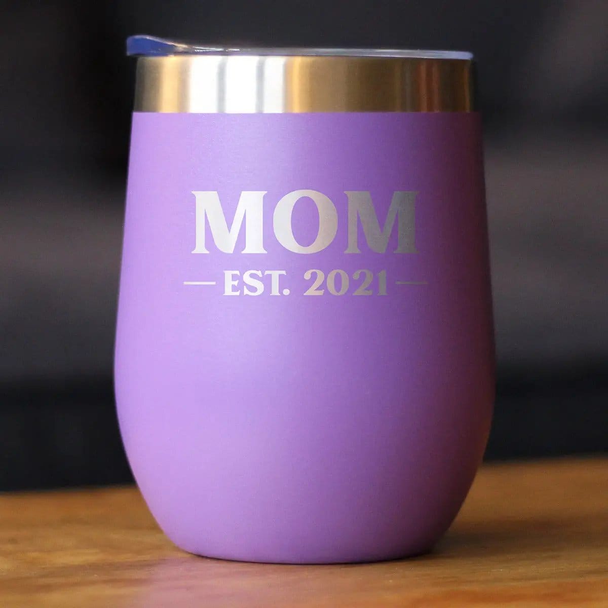 Insulated Stemless Wine Tumbler | 12 oz Stainless Steel | Sliding Lid | Mom Est. 2021 - Bold